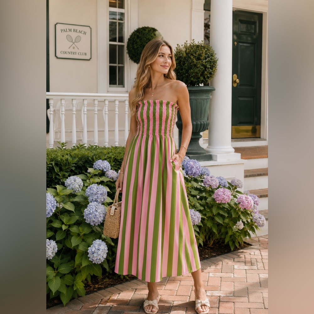 SHEIN Pink & Green Striped Smocked Maxi Dress